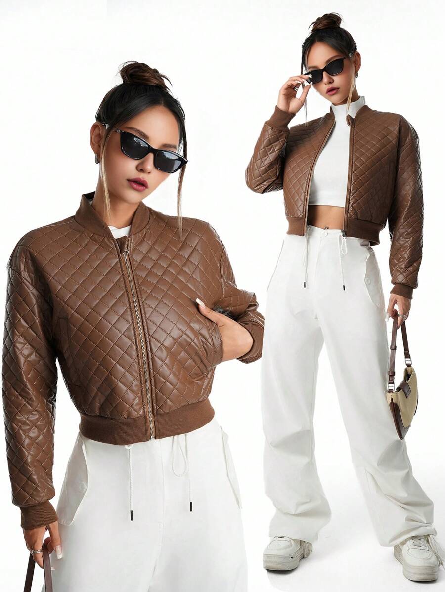 Teenage Girls Casual Retro Textured PU Leather Zip-Up Short Jacket - Brown - View 1