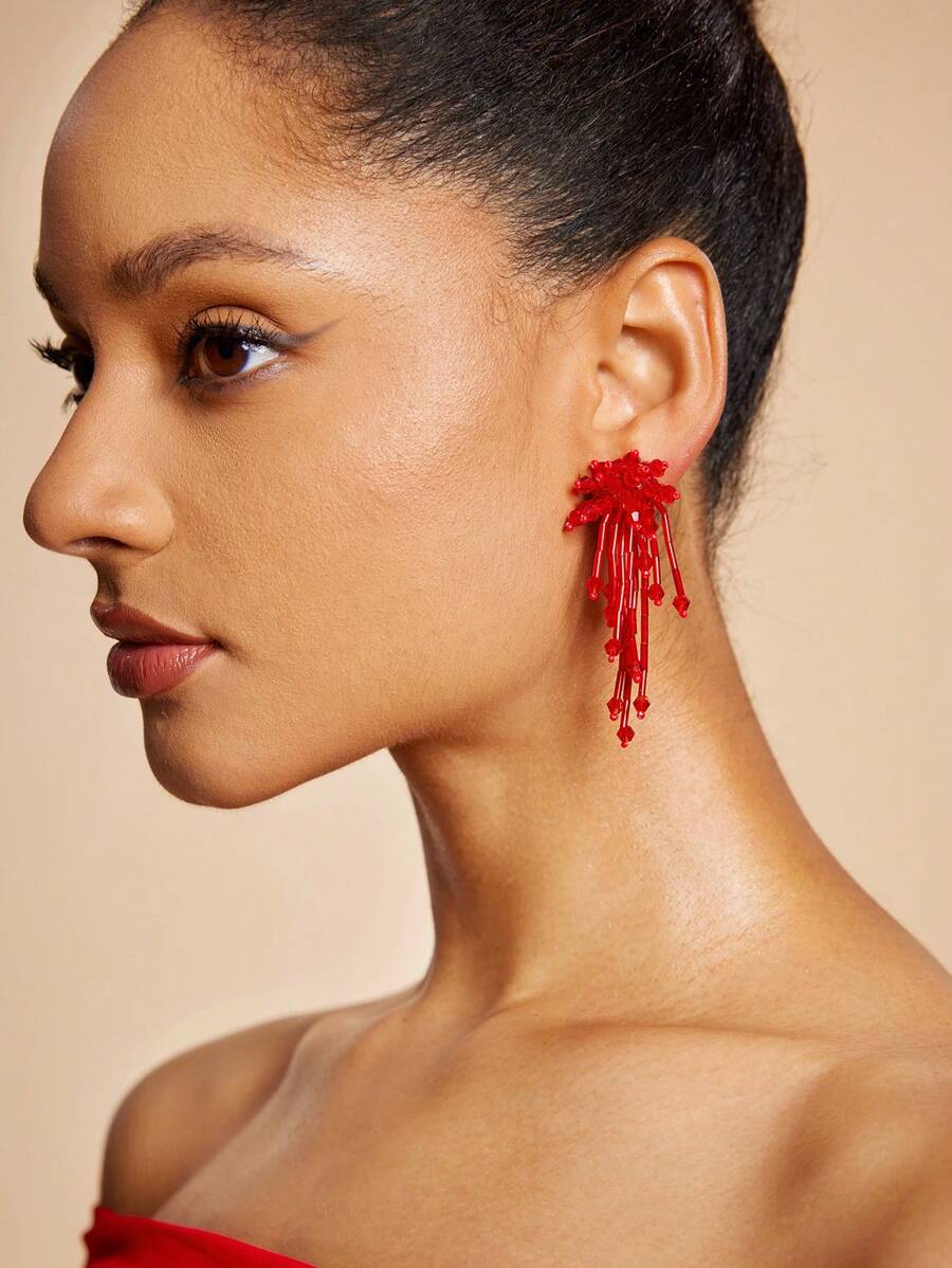 SHEIN BAE 1 Pair Minimalist Solid Color Crystal Tassel Earrings, Casual Daily Wear - Red - View 1