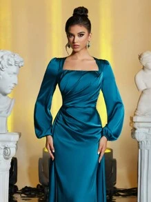 Glamrae Elegant Green Square Neck Lantern Sleeve Chest Pleated Maxi Mermaid Dress With Detachable Flounce, Formal Wear For All Occasions, Long Sleeve Prom Evening Dress, For Wedding Guest, Graduation, Dinner