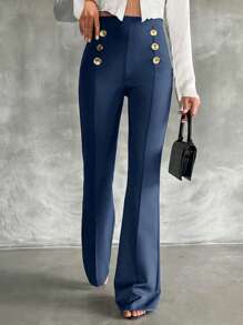 SHEIN Tall Tall Size Double Breasted Decorative Flared Trousers - Navy Blue - View 5
