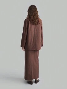 Ontre Set de 2 piezas para mujer de chaqueta y falda casuales de lino de unicolor con doble bolsillo - Camel - Ver 2