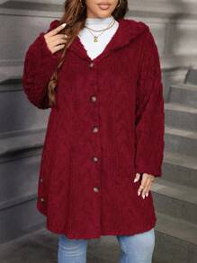 SHEIN LUNE Textured Plush Warm Comfortable Button Decorated Hooded Plus Size Jacket Winter Clothes Fall Autumn - Red - View 5