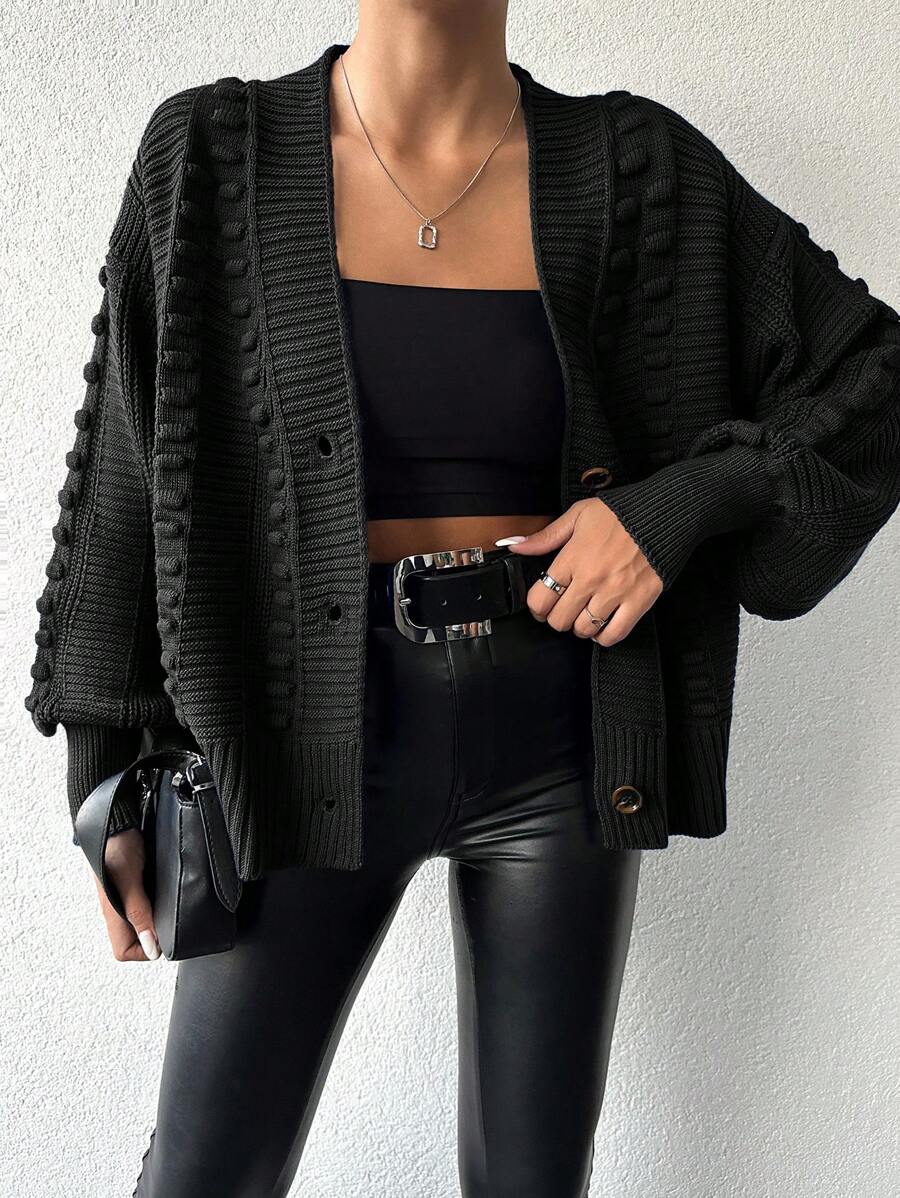 SHEIN Women's Solid Color Dropped Shoulder Long Sleeve Loose Cardigan, Casual For Autumn/Winter - Hitam - View 1