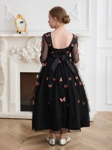 SHEIN Vestido de princesa con decoración de encaje y mariposas para niñas, vestido formal de tul esponjoso, para otoño/invierno, recital de piano o desfile de moda, para niñas preadolescentes