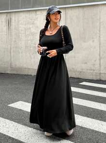 SHEIN EZwear 大码女式方领长袖休闲连衣裙，纯色，秋季 - 黑色 - 查看 4