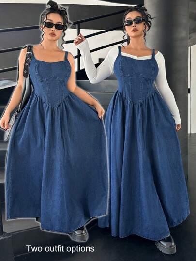 SHEIN ICON Plus Size Denim Sleeveless Dress, Sexy Street Style, Blue