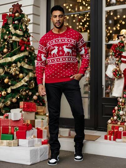 Manfinity CityGents Pull surdimensionné pour hommes style casual, imprimé de renne, coupe loose, blocs de couleurs, manches longues, pour Noël, pour la fête