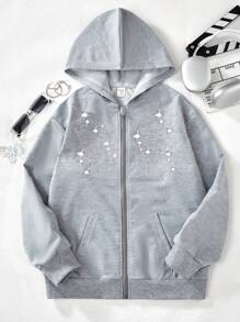 SHEIN Tween Girl Rhinestone Graphic Pocketed Hooded Sweatshirt Sweatshirt - Grey - View 1