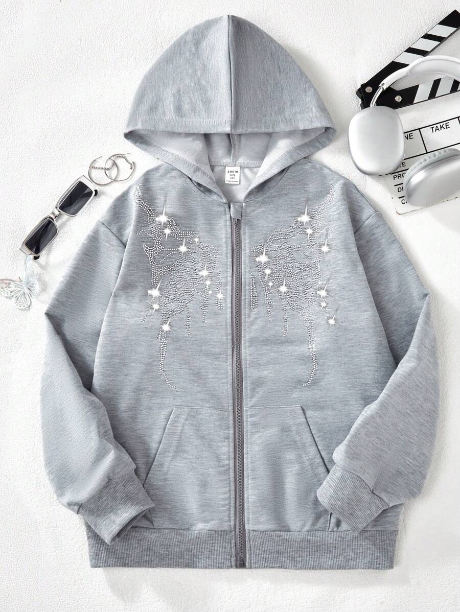 SHEIN Tween Girl Rhinestone Graphic Pocketed Hooded Sweatshirt Sweatshirt - Grey - View 1