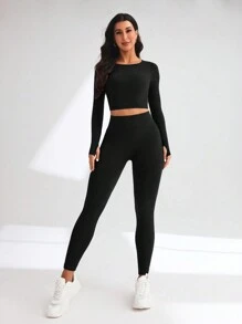 SHEIN Dewbera Bộ đồ tập thể thao nữ, quần legging nữ, cổ tròn dài tay, màu trơn, giản dị, đơn giản - màu đen - Xem 5