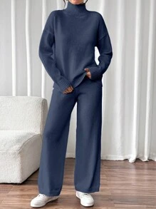 EMERY ROSE 2pcs Set Casual Solid Color Stand Collar Sweater & Pants, Autumn/Winter Fall Cloth For Women