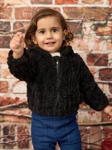 SHEIN Baby Girls Plush Hoodie With 3D Ear Design Warm Jacket