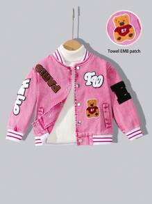 Young Girl Vintage American Style Street Fashion Colorblock Striped Ribbed Teddy Bear Letter Embroidery Collar Long Sleeve Pink Baseball Jacket