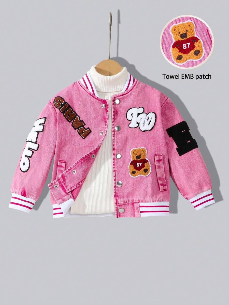 Young Girl Vintage American Style Street Fashion Colorblock Striped Ribbed Teddy Bear Letter Embroidery Collar Long Sleeve Pink Baseball Jacket