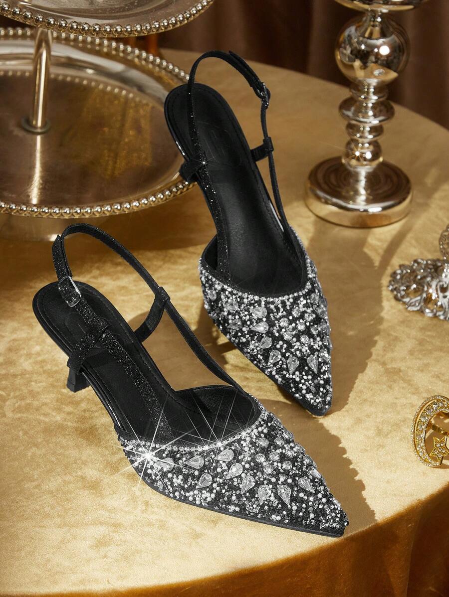 CUCCOO TILAWA Women's High Heel Pointy Toe Crystal Embellished Slingback Sandals Black Spring Shoes Spring Break Easter Prom Heels - Black - View 1