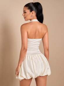 SHEIN BAE Váy xòe bồng bềnh satin không tay cổ yếm màu trơn cho nữ, thích hợp cho các cô gái đi chơi đêm, tiệc tùng, hẹn hò - Màu be - Xem 2