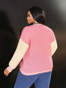 Slaydiva Chaqueta con botones de punto con bloques de color y ribetes a rayas para el otoño/invierno, de uso diario informal, con bolsillos dobles, talla grande