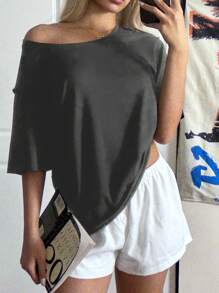SHEIN Essnce Camiseta holgada de color gris oscuro de estilo minimalista casual, adecuada para el verano, para mujeres