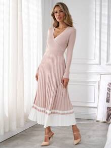 SHEIN Clasi Váy len xếp ly chữ A cổ chéo thanh lịch cho nữ, trang phục mùa thu/đông - Màu Hồng baby - Xem 2