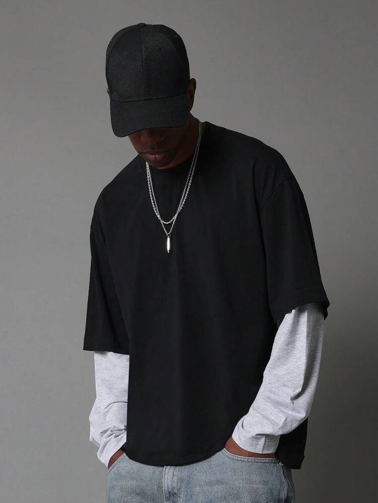Essential Oversized Layered Long Sleeve T Shirt With Contrast Sleeves