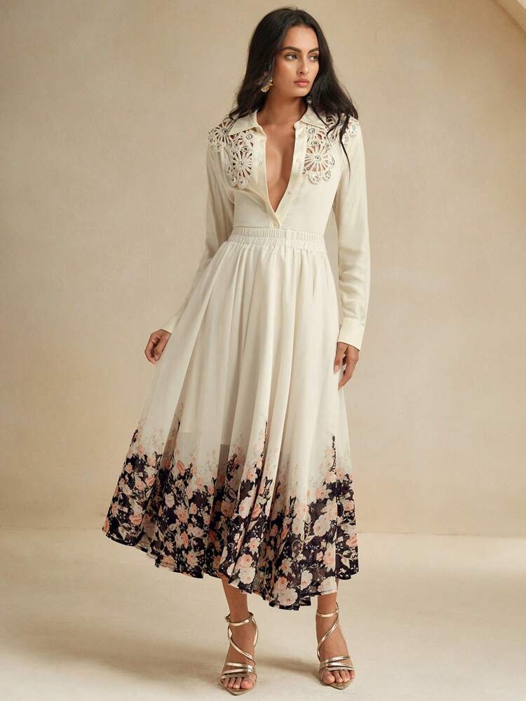 Women's Elastic Waist Floral Print A-Line Skirt, Elegant For Autumn