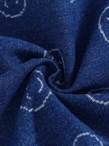 年轻女孩牛仔背带裤和连体裤，可爱笑脸设计，大口袋，宽松牛仔工装裤 - 藍色 - 查看 4