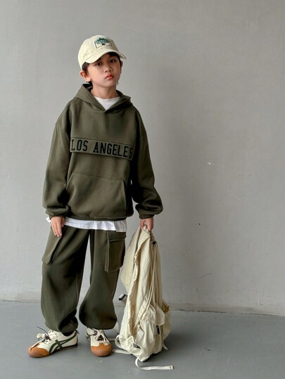 SHEIN 2pcs Kids Tween Boy Casual Korean Letter Print Graphic Loose Fit Hoodie Sweatshirt And Relaxed Fit Solid Color Jogger Pants Set, Suitable For School, Garden, Beach, Birthday In Spring, Summer, Autumn, Winter