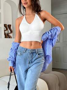 Aloruh White Sleeveless Cropped Halter Neck Knit Top With Pads - White - View 6