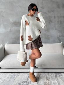 EURMUSE Women Round Neck Oversize Drop Shoulder 3d Mini Teddy Bear Patched Pattern Cute Drop Shoulder Sweater Pullover - White - View 5