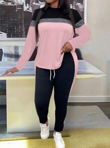 EMERY ROSE 2pcs/Set Plus Size Women Casual Sports Color Block Long Sleeve T-Shirt And Drawstring Waist Skinny Pants Outfit, Spring/Autumn Fall Cloth For Women - Multicolor - View 5