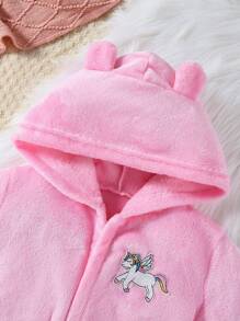 SHEIN Playful Pals 3件套女童可爱独角兽印花睡衣套装，粉色底长袖上衣、长裤和毛绒开衫，秋冬季 - 粉色 - 查看 3