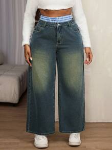 SHEIN SXY Plus Size Women Loose Fit Pocketed Wide Leg Casual Jeans