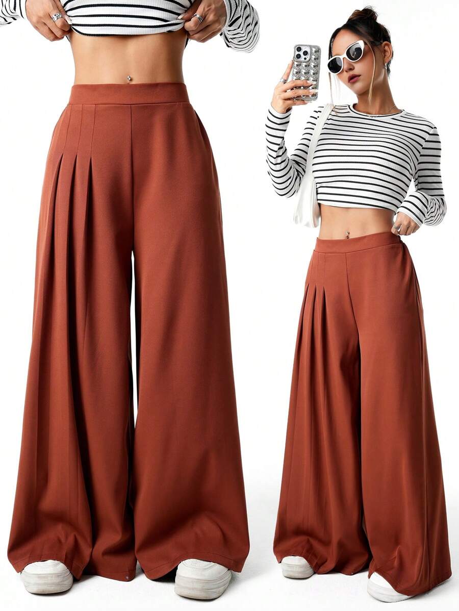 SHEIN Teen Girls Elegant Pleated Wide Leg Pants - Burgundy - View 1