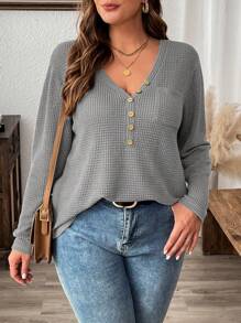 SHEIN LUNE Knit Textured V-Neck Button Decor Fitted Long Sleeve T-Shirt