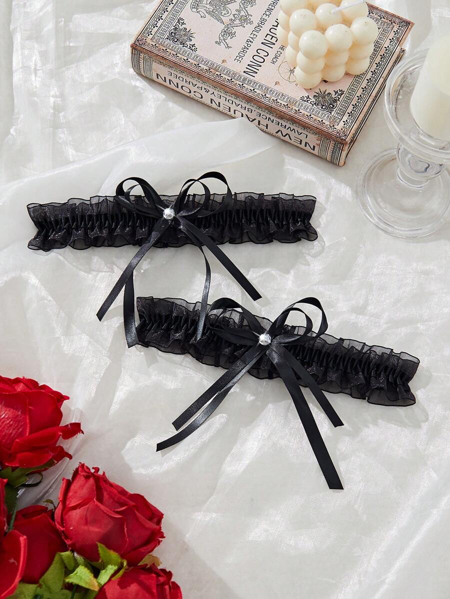 PetitDoll 1 Pair Sexy Diamond Studded Fishnet Leg Garters, Casual Daily Wear