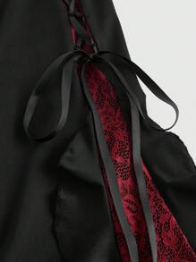 ROMWE Goth Women Retro Gorgeous "Daydreamer" Ruffle Trim Colorblock Lace Tie Flared Pants - Black - View 5