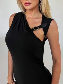 Aloruh Women Sexy Fitted Patchwork Leather Button Mini Dress With Hollow Design - Black - View 4