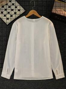 青少年男孩纯色前扣长袖休闲衬衫 - 白色 - 查看 2