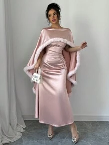 Rafferiza 女士披肩领毛边优雅舞会礼服长款缎面女士服装 - 粉色 - 查看 3