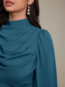 Modelyn 女士简约纯色优雅褶皱腰连衣裙，秋季长款晚礼服 - 水鴨藍 - 查看 1