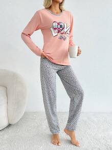 SHEIN Cottnline Bộ đồ ngủ dài tay cổ tròn in chữ 100% cotton và quần dài in họa tiết toàn thân cho nữ - Màu Hồng  Dưa hấu - Xem 4