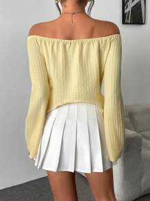 Chiquease 1 chiếc áo thun trễ vai cho nữ, dây rút, viền bất đối xứng, tay loe, vải có họa tiết, trẻ trung và thời trang - Màu vàng - Xem 2