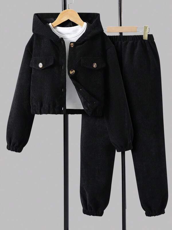 Tween Girl Casual Solid Color Dropped Shoulder Loose Single Breasted Hoodie & Banded Leg Corduroy Pants Set, Autumn/Winter
