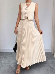 Chiquease 2pcs Women Casual 3D Flower Decor Vest And Pleated Skirt Set - Apricot - View 4
