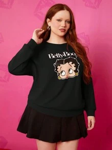 Betty Boop x SHEIN Plus Size Retro Sexy Street Trendy Y2k Herfst Zwart Klassiek Cartoon Portret Print Lange Mouw Ronde Hals Sweatshirt