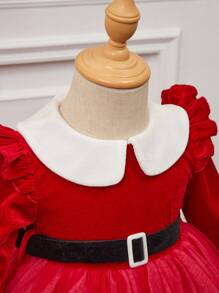 SHEIN Đầm công chúa Giáng sinh dễ thương cho bé gái, cổ xếp nếp lưới màu đỏ tương phản, tay dài, thắt lưng, mùa thu/đông - Đỏ - Xem 11