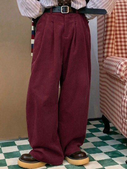 Claim Dot Men's Loose Fit Slant Pocket Wide Leg Corduroy Pants, Without Belt, For Fall Winter