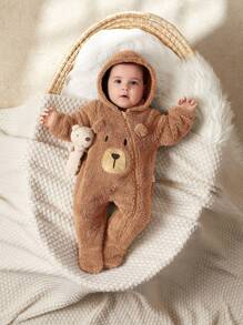 Cozy Pixies 新生儿男孩卡通熊耳朵连帽加厚长袖连脚连体衣 - 卡其色 - 查看 3