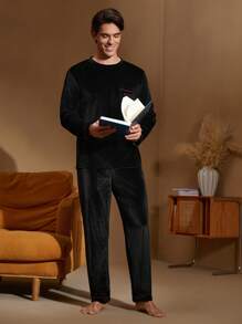 Ensemble de Top manches longues col rond et pantalon avec graphique lettrage pour homme, tenue de détente