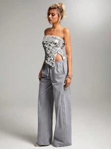 SHEIN BAE Grey Minimalist Everyday Fashion Casual Drawstring Waist Low Rise Wide Leg Lounge Pants For Women, Fall
